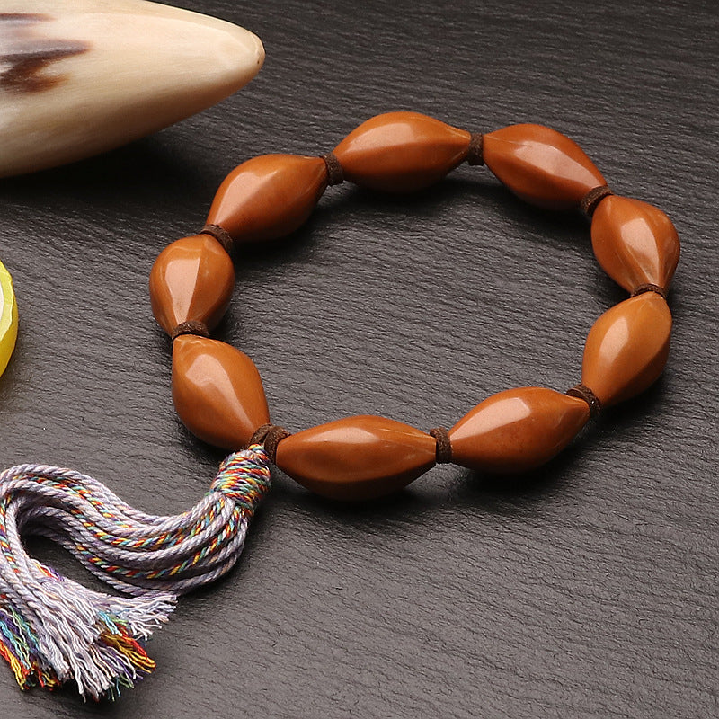 Wenwan Olive Pit High-Polish Smooth Bead Handheld Bracelet with Tassel