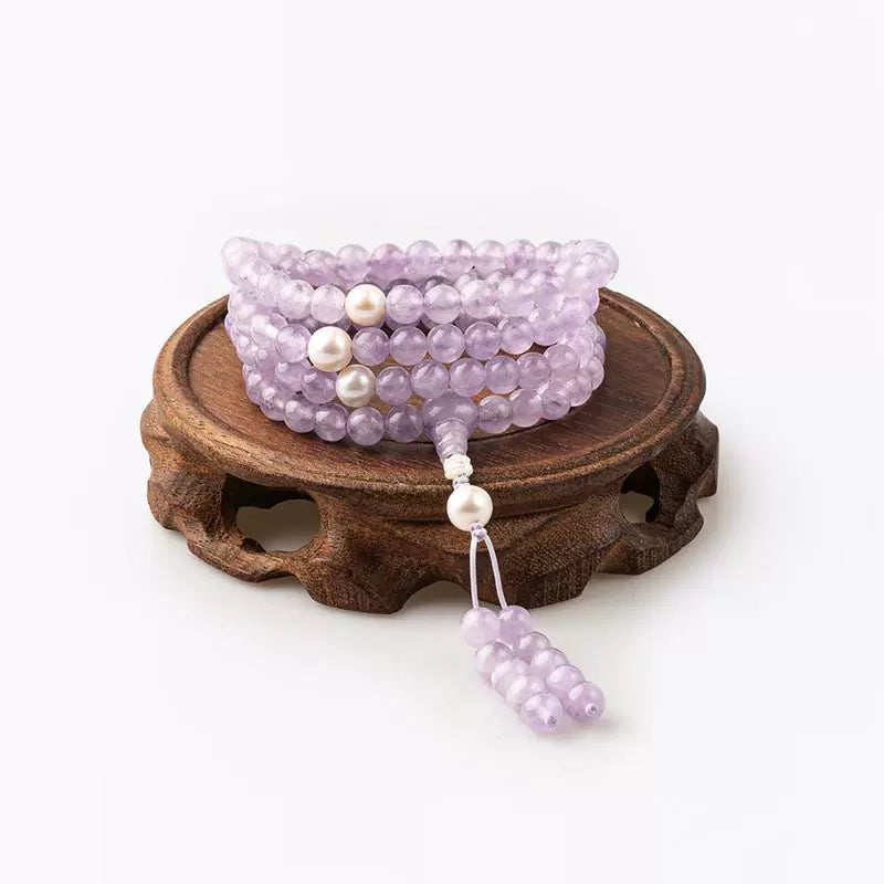 7mm Lavender Amethyst 108 Bead Mala with Freshwater Pearls