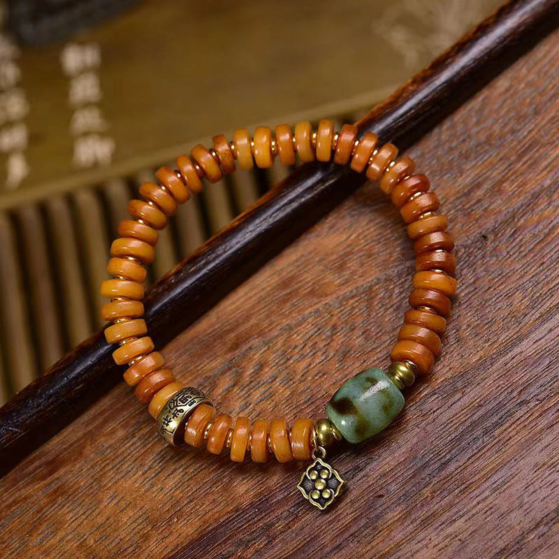 Tibetan Camel Bone Bracelet with Antique Copper Clasp & Agate Dzi Beads – Traditional Tibetan Handcrafted Bracelet