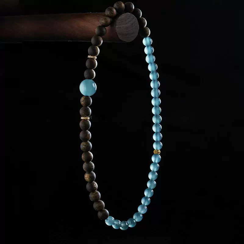 Natural Kyara Agarwood Bracelet with Premium Blue Water Ice Jadeite Multi-Layer Buddhist Prayer Beads
