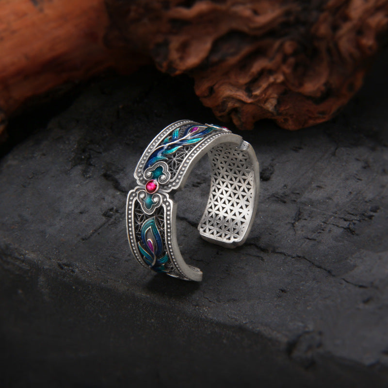999 Pure Silver Hollow Enamel Ring