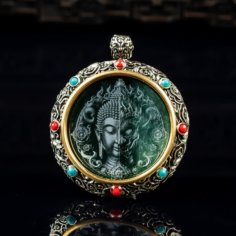 Natural A-Grade Jadeite "One Thought" Tibetan Silver Prayer Wheel Pendant – High Ice Jadeite with Vintage Silver Inlay