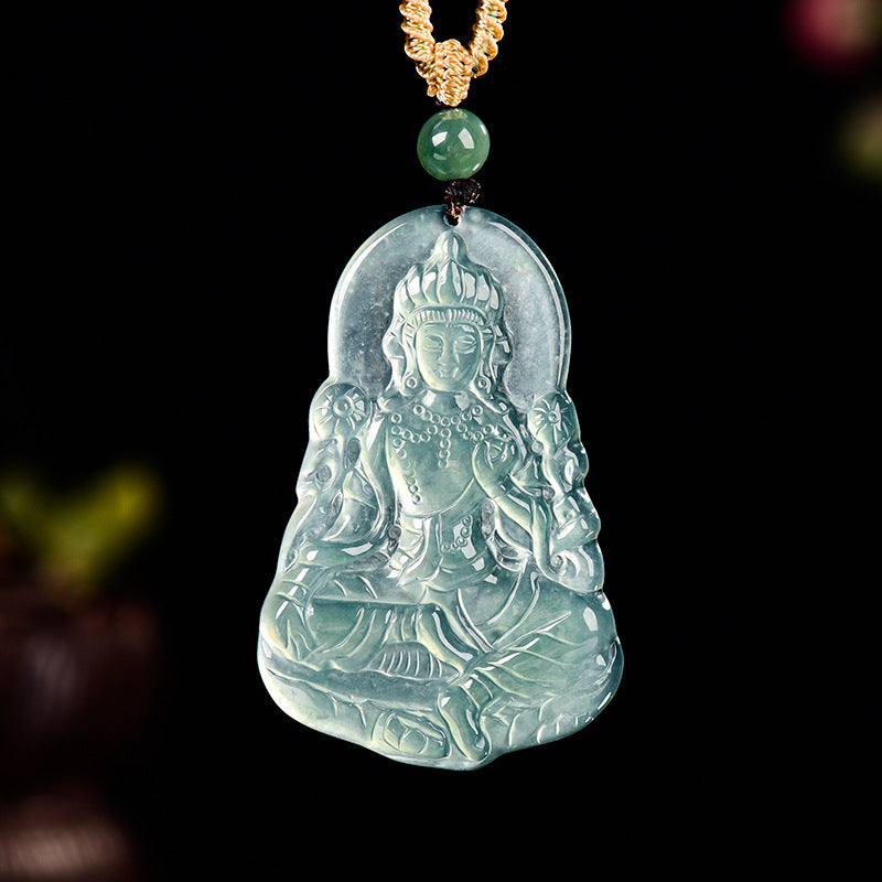 Natural Blue Water Jadeite Green Tara Guanyin Pendant – A-Grade Ice-Type Jade, Compassion & Protection Talisman