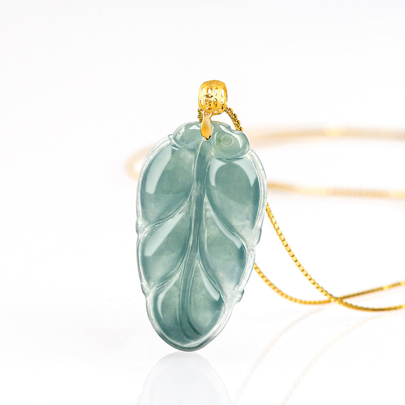 Natural Ice Blue Jadeite Leaf Pendant – Genuine A-Grade Blue Water Jade, 18K Gold Setting with 45cm Silver Chain