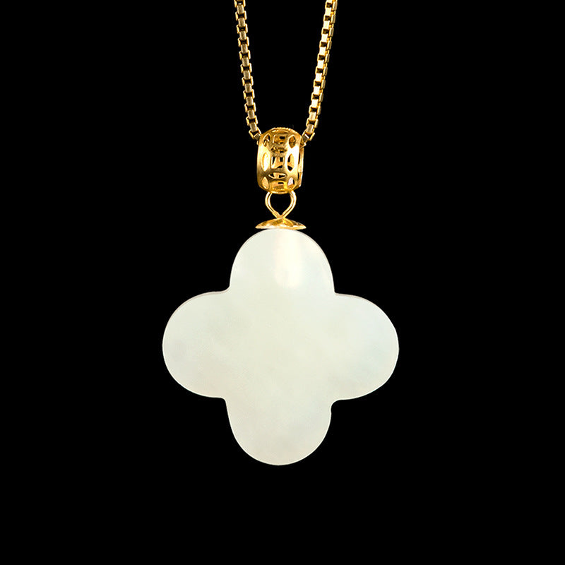 Natural Hetian White Jade Four-Leaf Clover Pendant for Men & Women