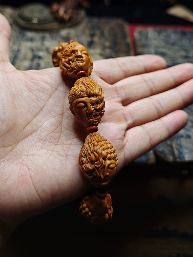 Buddha & Demon Carved Olive Pit  Beads Buddha Bracelet for Meditation