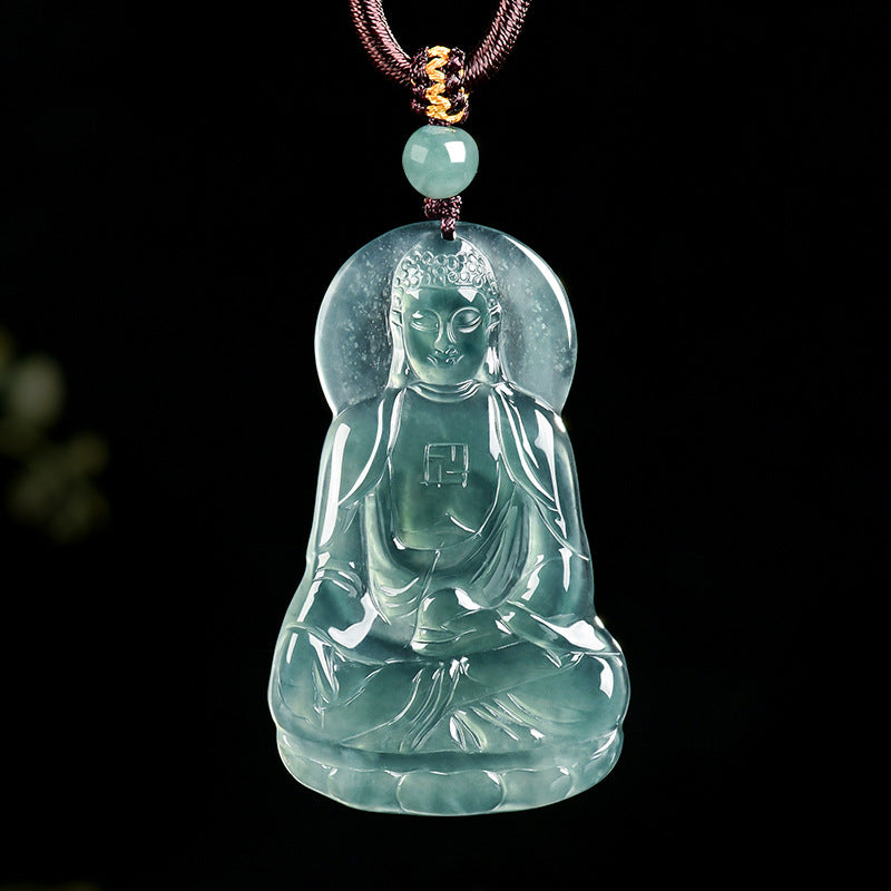Natural Blue Water Jadeite Amitabha Buddha Pendant – A-Grade Jade, Spiritual Protection Talisman