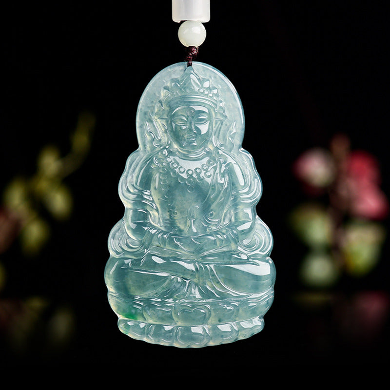 Natural Blue Water Jadeite Tara Guanyin Pendant – A-Grade Jade, Spiritual Protection Talisman