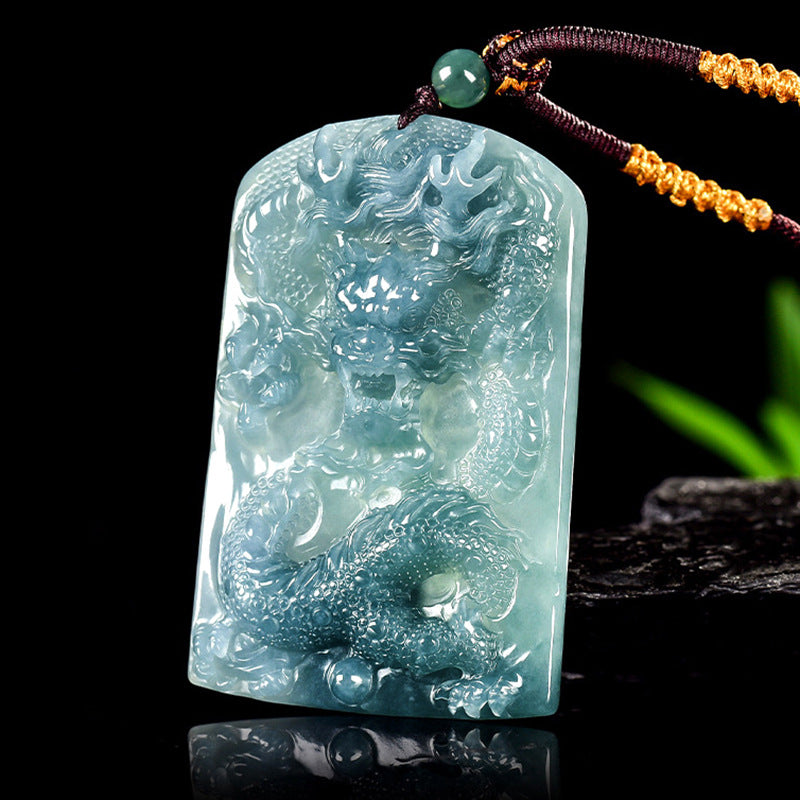 Natural Blue Water Jadeite Dragon Pendant – A-Grade Jade, Powerful Eastern Protection Talisman