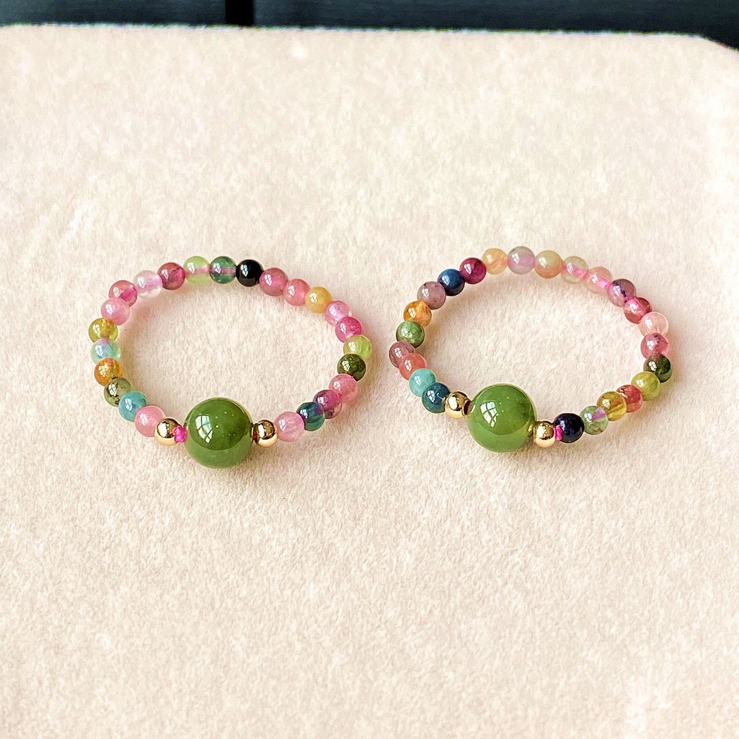 Natural Tourmaline & Green Jade Women's Stretch Ring