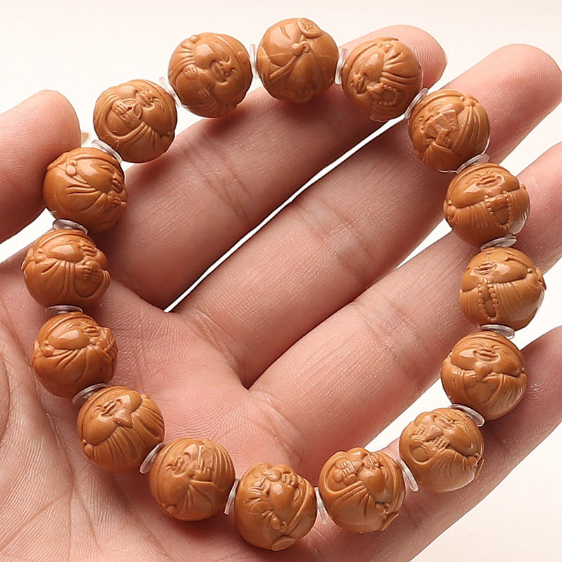 Hand-Carved Monkey Head Walnut "Fortune God" Bracelet