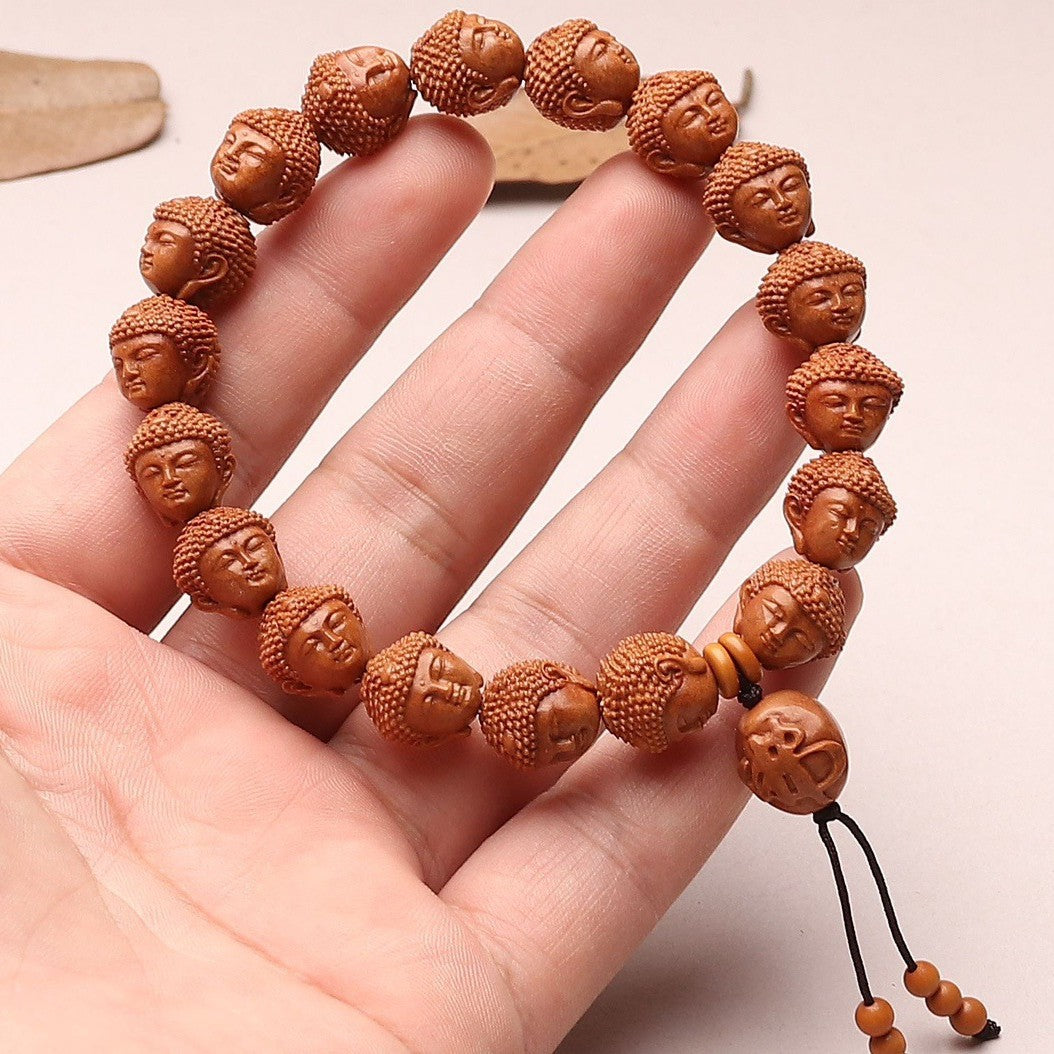 Hand-Carved Natural Dragon Pattern Peach Pit Bracelet Featuring Buddha Head