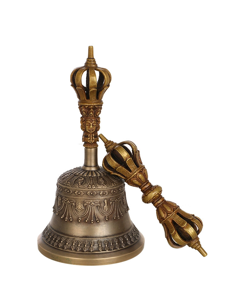 Nepalese Handmade Nine-Pronged Vajra Bell and Dorje Set in Pure Copper (Model 7)