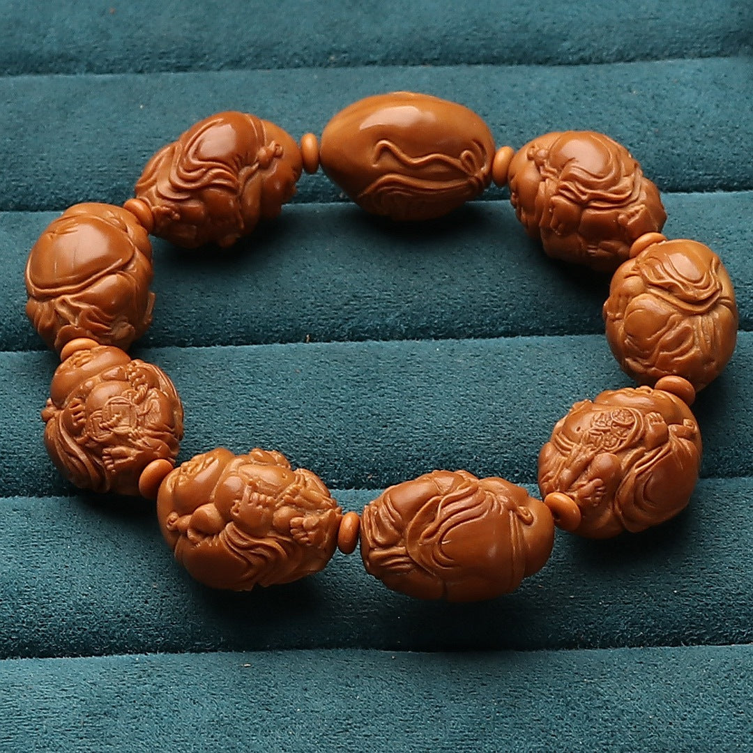 Hand-Carved Olive Pit Bracelet with Eight Maitreya Buddha Statues