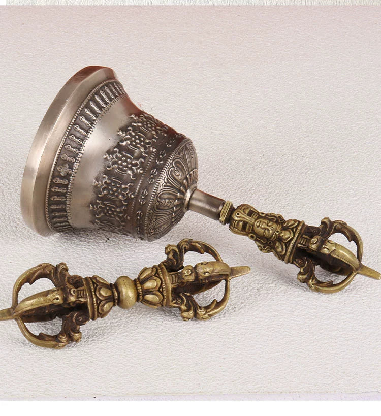 Nepalese Handmade Five-Pronged Vajra Bell and Dorje Set in Pure Copper (Model 3)