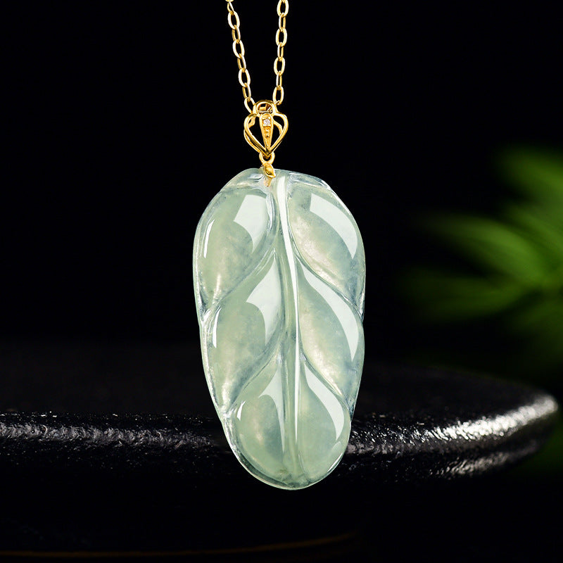 Natural Blue Water Jadeite Leaf Pendant with 18K Gold – A-Grade Jade, Elegant Symbol of Growth & Renewal