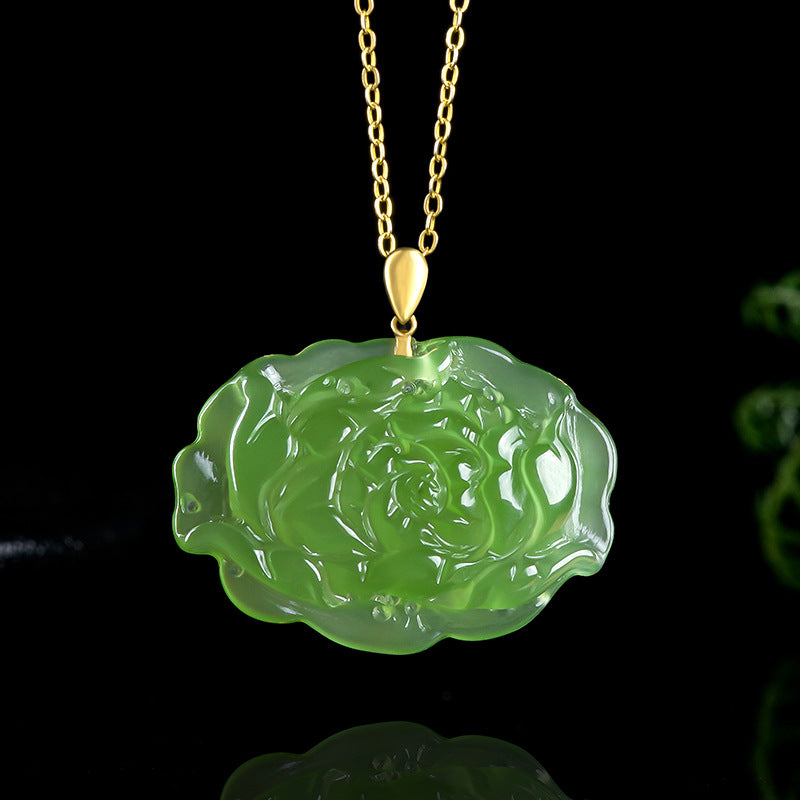 Authentic Hetian Green Jade Peony Pendant for Women, 18K Gold Setting