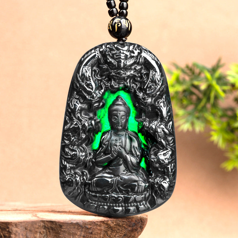 Natural A-Grade Black Jadeite Nine-Dragon Amitabha Buddha Pendant, Unisex