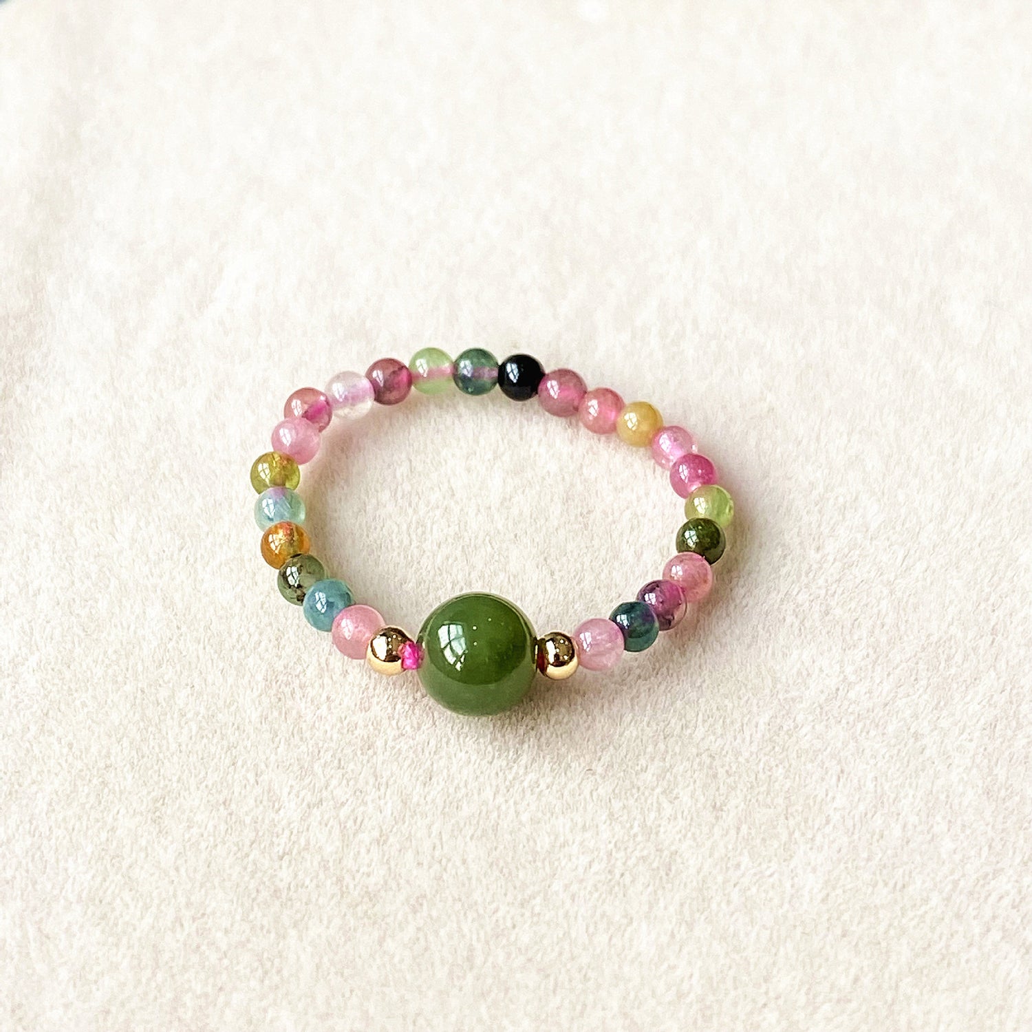 Natural Tourmaline & Green Jade Women's Stretch Ring