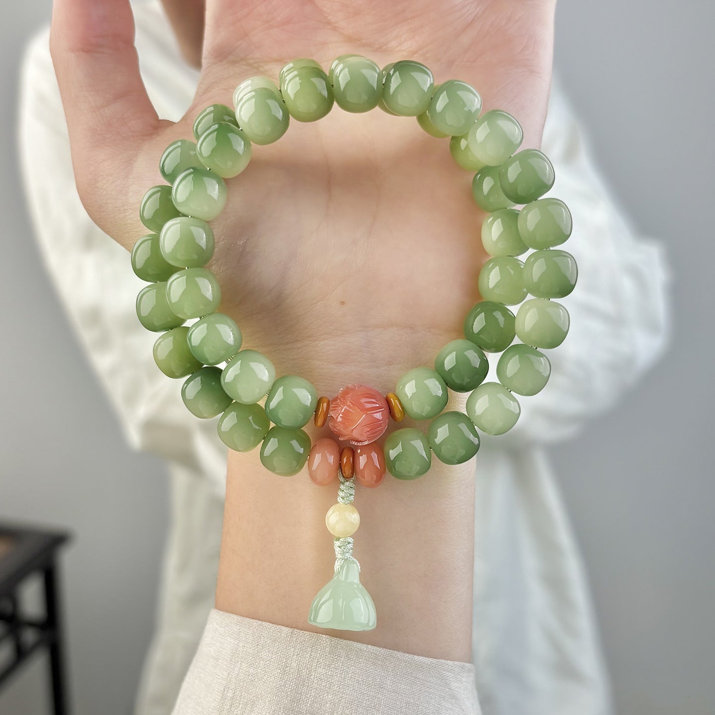 Jade-Like Milky Green Bodhi Double-Circle Stacked Bracelet