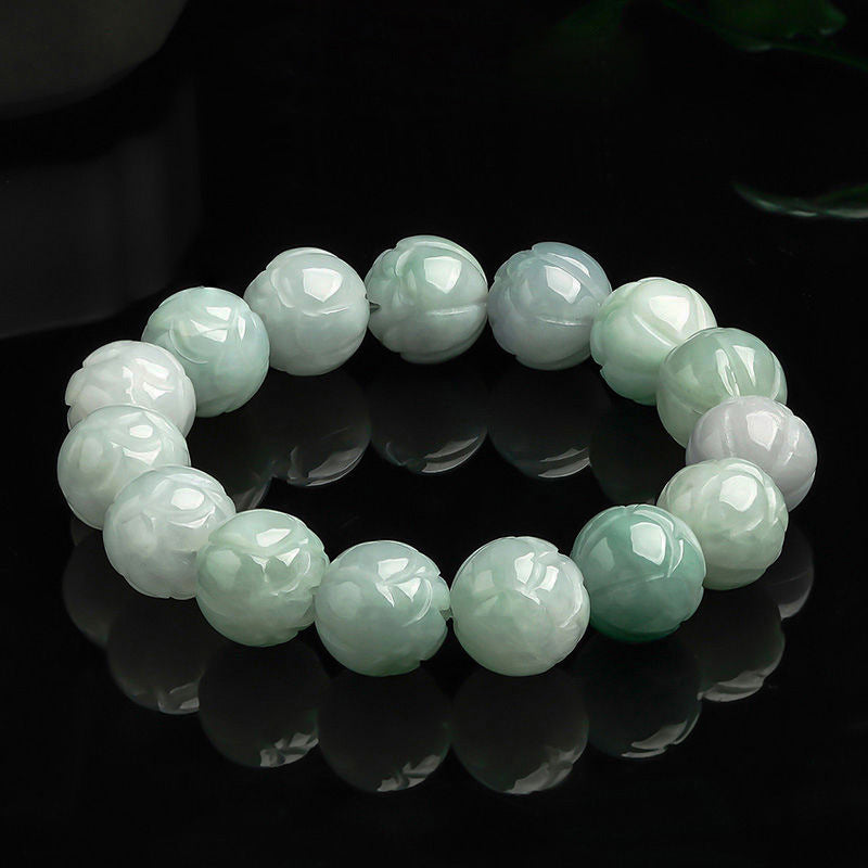 Natural Myanmar A-Grade Jadeite Lotus Bead Bracelet – Elegant Lotus Flower Design