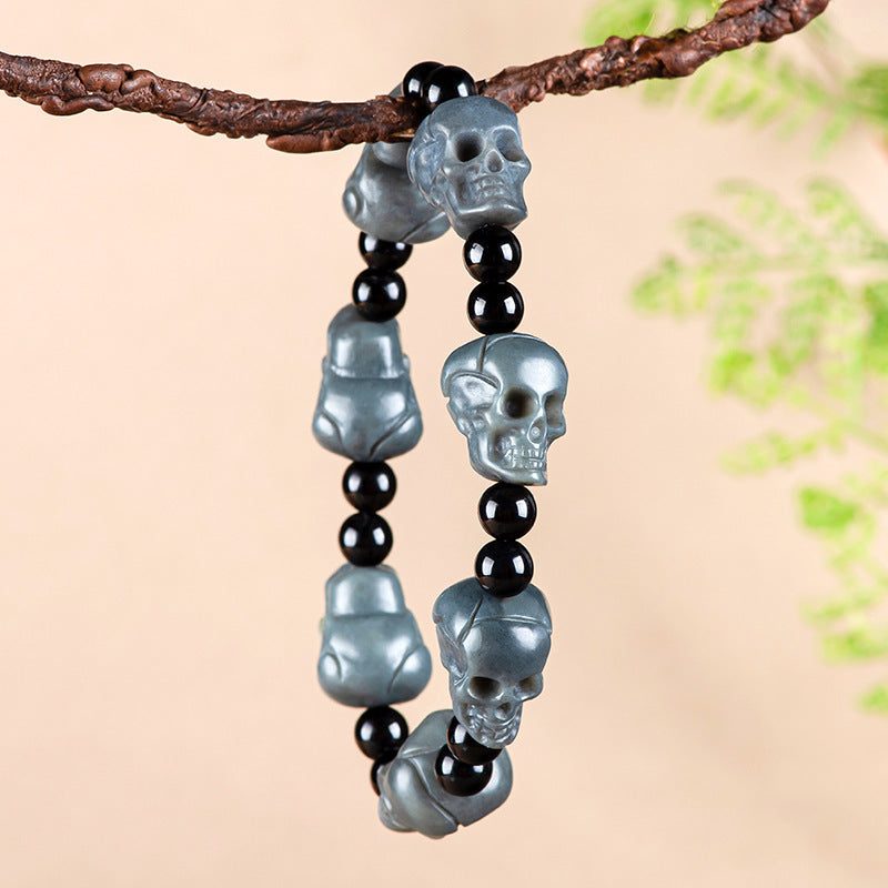 Natural Hetian Grey Jade Skull Bracelet – Hand-Carved Skull Beads, Unique Feng Shui Jewelry for Men & Women