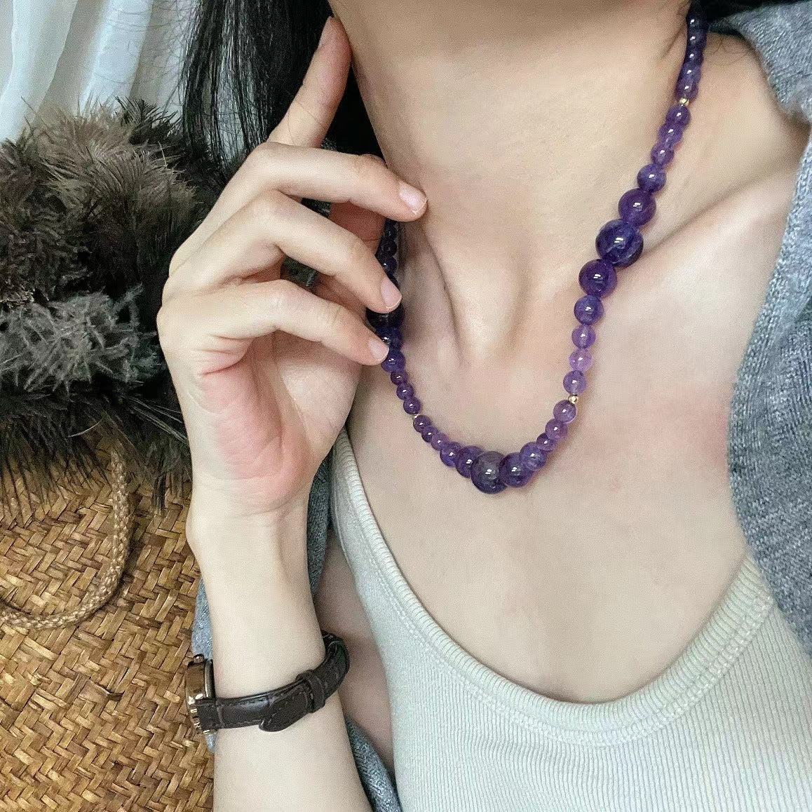 Natural Amethyst Necklace Handmade Clavicle Chain Necklace for Women