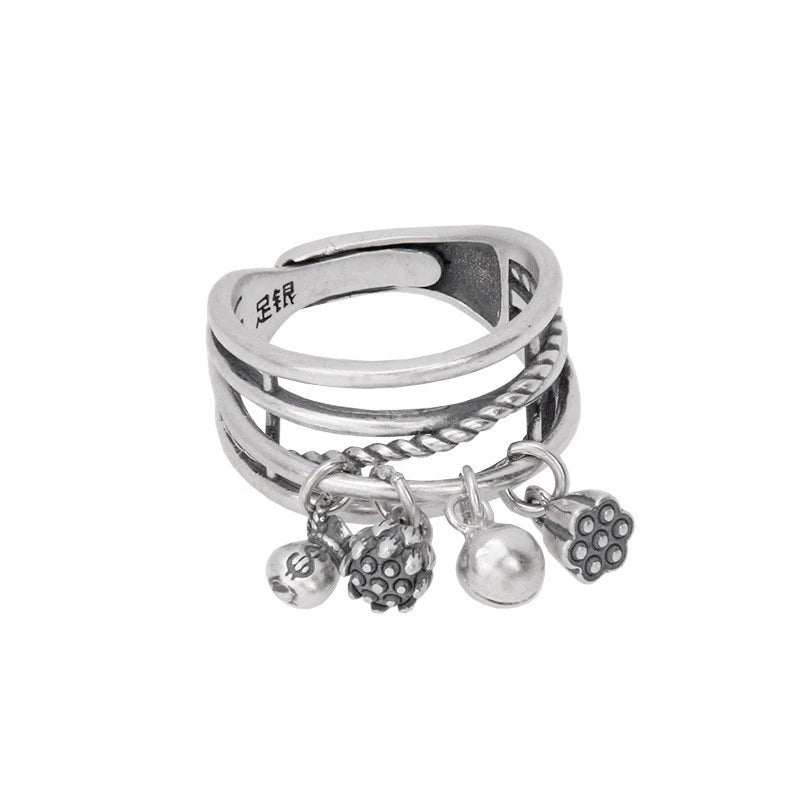 S999 Pure Silver Vintage Multi-Layer Ring with Bell, Lotus Tassel Charms
