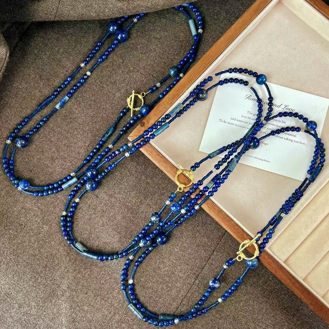 High Quality Natural Lapis Lazuli Long Necklace Handmade Beaded Necklace