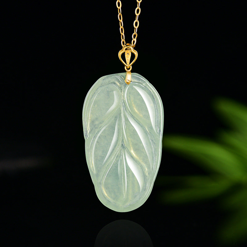 Natural Blue Water Jadeite Leaf Pendant with 18K Gold – A-Grade Jade, Elegant Symbol of Growth & Renewal