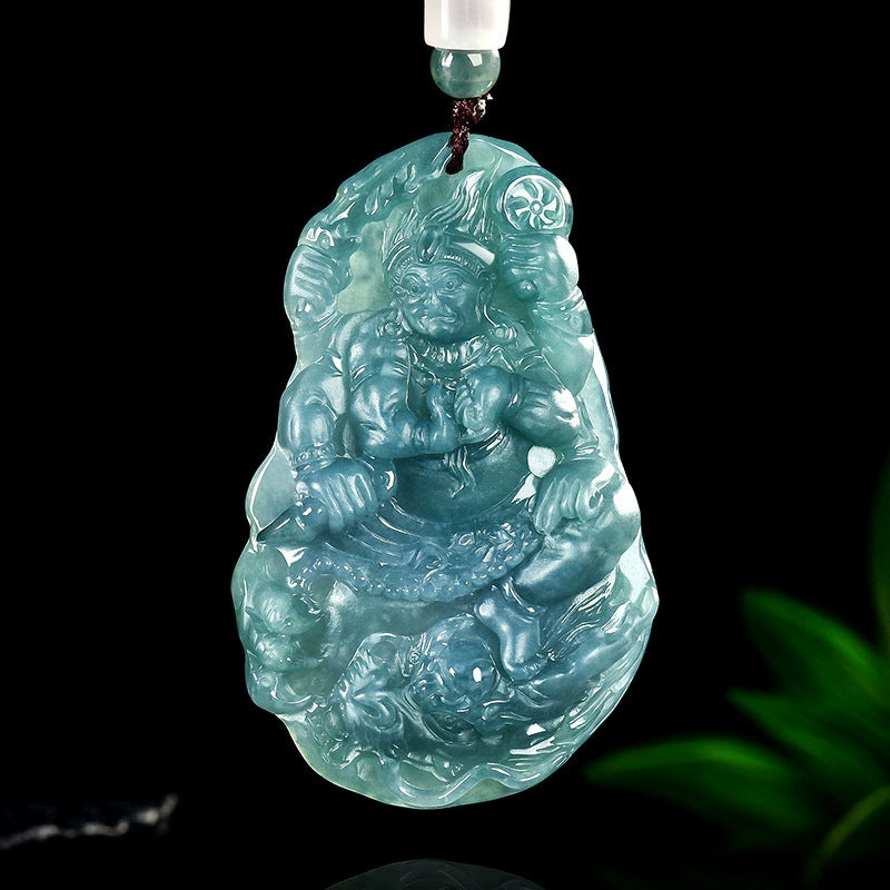 Natural Blue Water Jadeite Acala (Fudō Myō-ō) Pendant – A-Grade Jade, Zodiac Guardian for Rooster