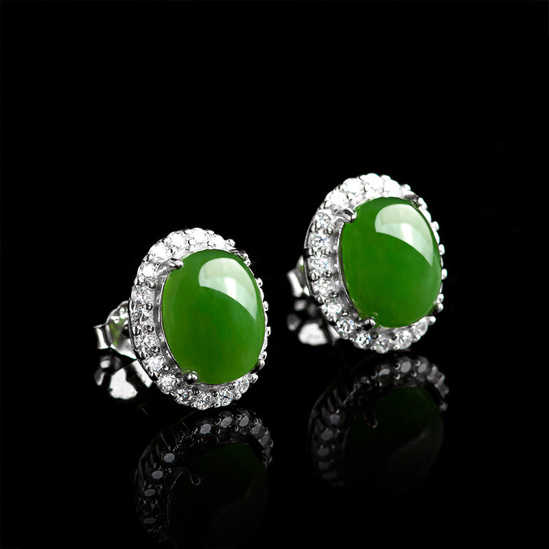 Natural Spinach Green Aged Hetian Jade Large Cabochon Stud Earrings for Women