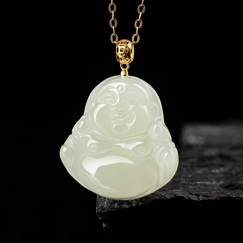 Natural Hetian White Jade Laughing Buddha Pendant for Women