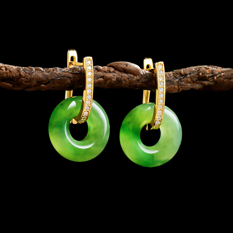 Natural Hetian Green Jade Peace Circle Earrings with S925 Silver Setting