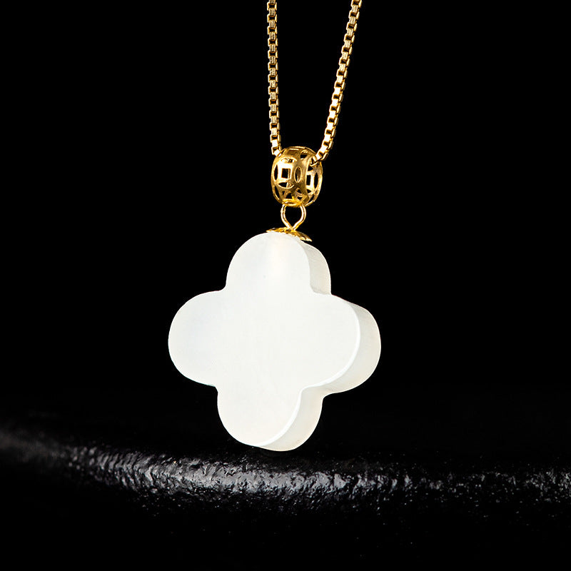 Natural Hetian White Jade Four-Leaf Clover Pendant for Men & Women