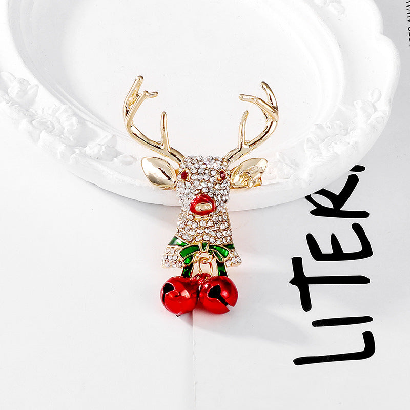 Christmas Elk Bell Brooch Vintage Alloy Brooch with Rhinestones and Pearls