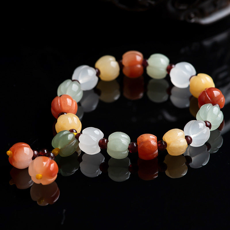 Natural Xinjiang Golden Silk Jade Multicolor Pumpkin Bracelet – Hand-Carved Lucky Feng Shui Jewelry, Unisex