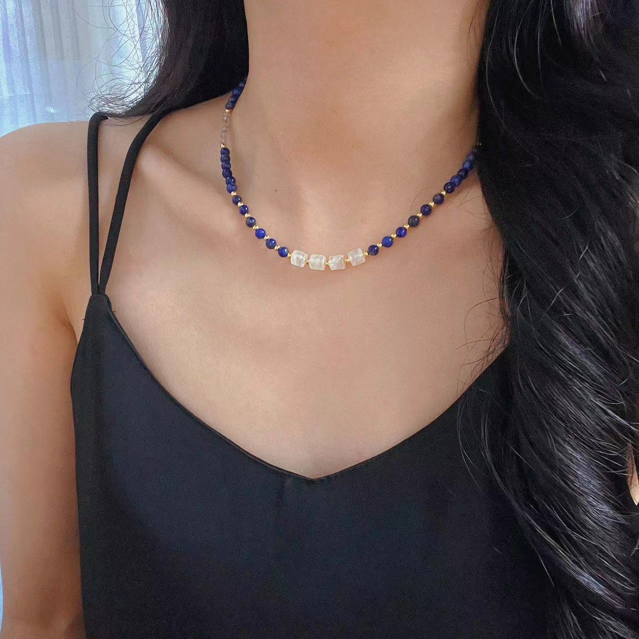 Vintage Natural Lapis Lazuli Necklace White Crystal Gray Moonstone Clavicle Chain Necklace