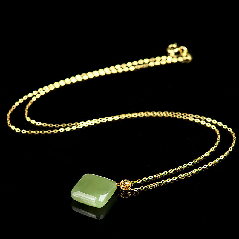 Natural Hetian Jade Square Pendant Necklace for Women