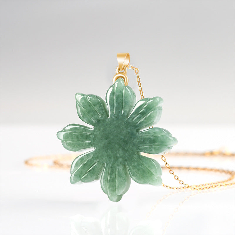 Natural Jadeite Sunflower Pendant, S925 Silver Clasp