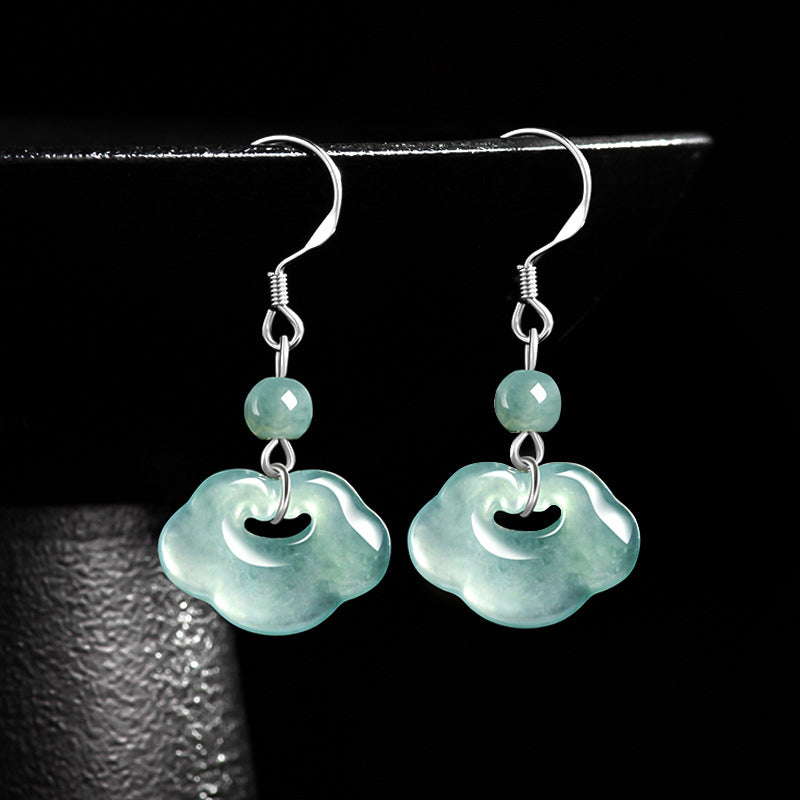 Natural A-Grade Blue Water Jadeite Ruyi Earrings – S925 Silver, Ice Jade for Women