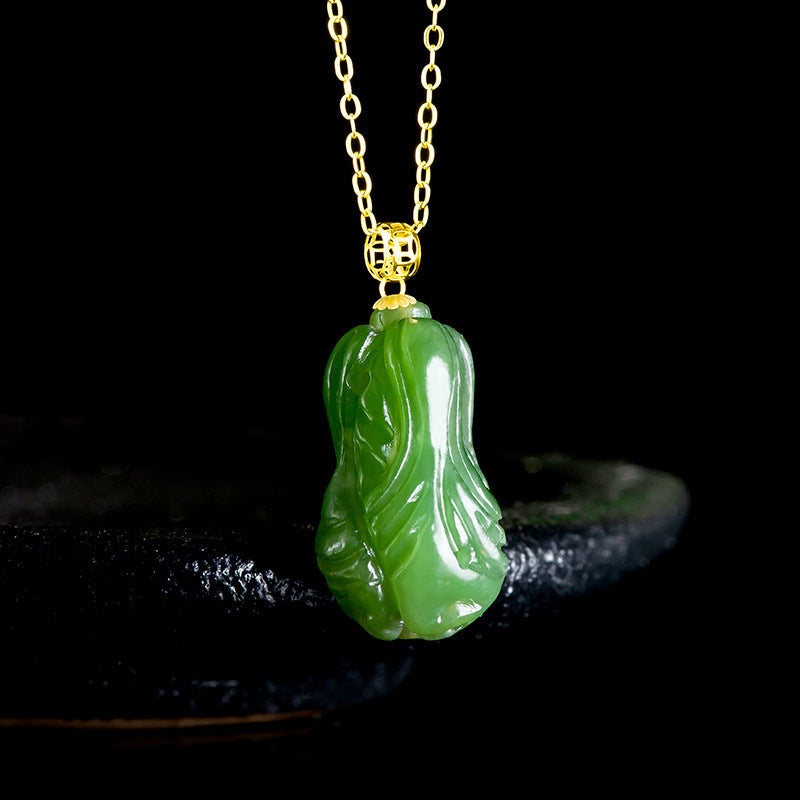 Natural Spinach Green Aged Hetian Jade Cabbage Pendant with 18K Gold Clasp for Women