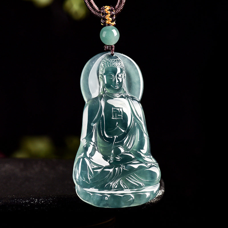 Natural Blue Water Jadeite Amitabha Buddha Pendant – A-Grade Jade, Spiritual Protection Talisman