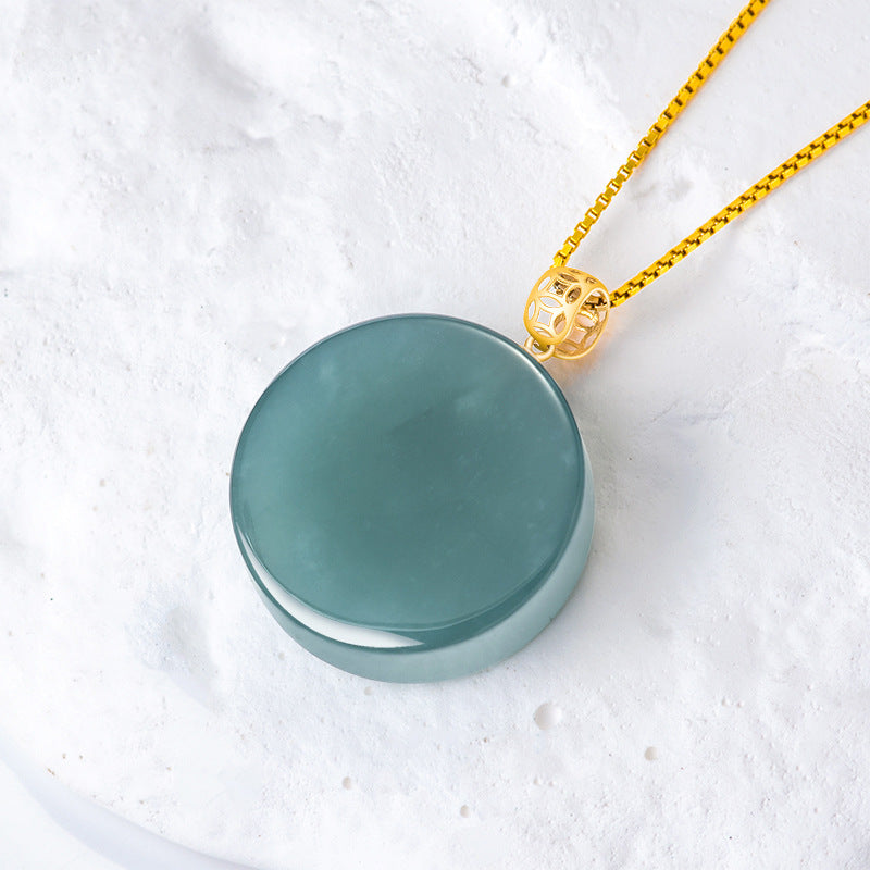 Natural A-Grade Blue Water Jadeite Round Pendant – Ice-Type Jade Disc with 18K Gold Bail, Minimalist Lucky Charm Necklace for Women