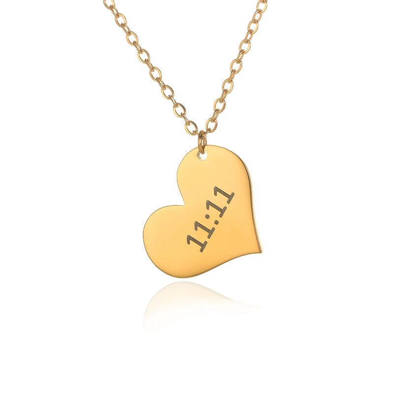 18K Gold Angel Number 1111 Necklace – Heart Charm Pendant with Letter Plate, Lucky Manifestation Jewelry