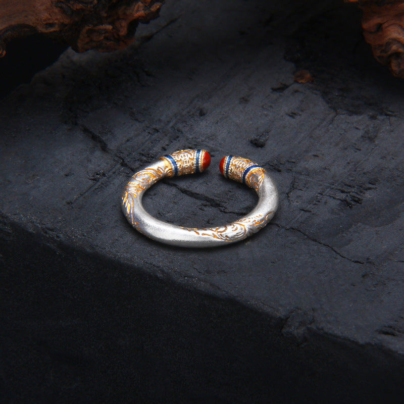 999 Pure Silver Gold-Inlaid Honeysuckle Pattern Ring