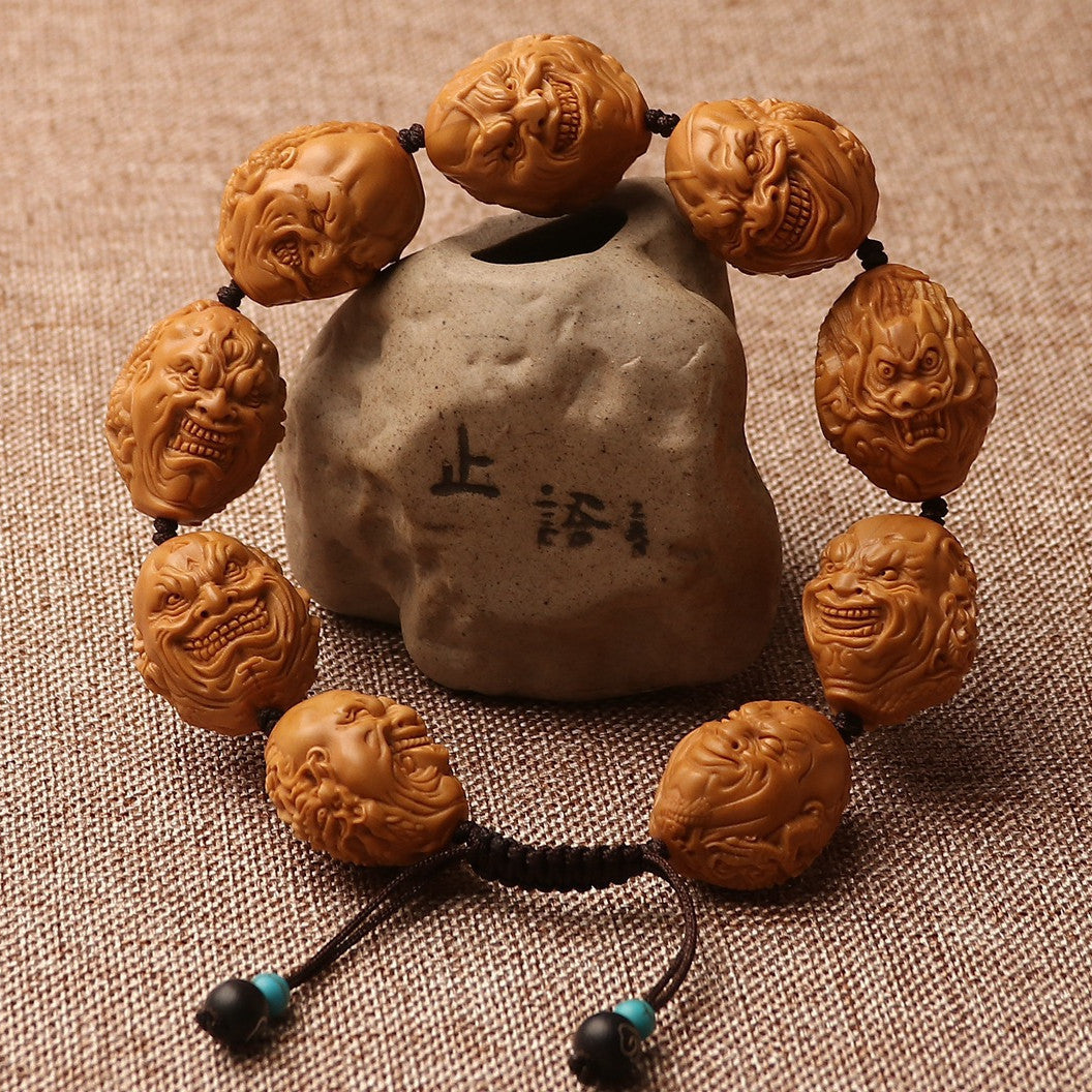 Crystal Olive Pit Bracelet with Double-Sided Hand Carvings