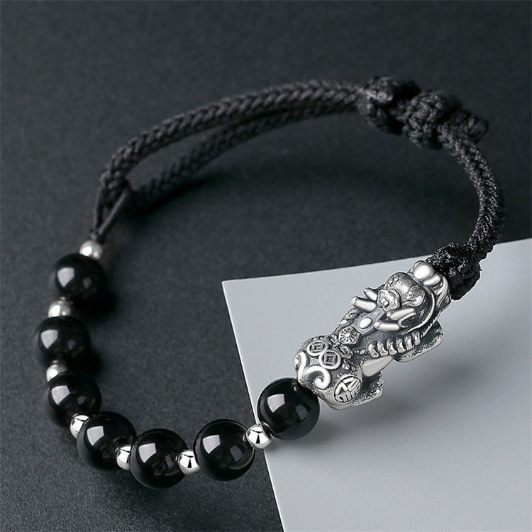 Natural Obsidian Hand-woven Boys Silver Bracelet