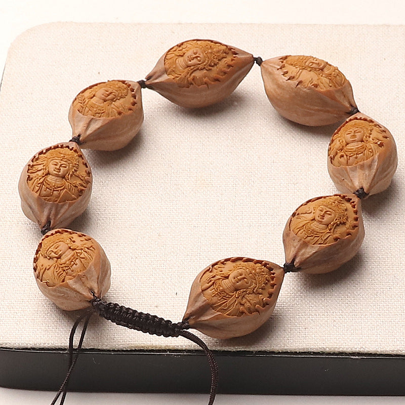 Hand-Carved Natural Four-Line Olive Pit Guanyin Bracelet