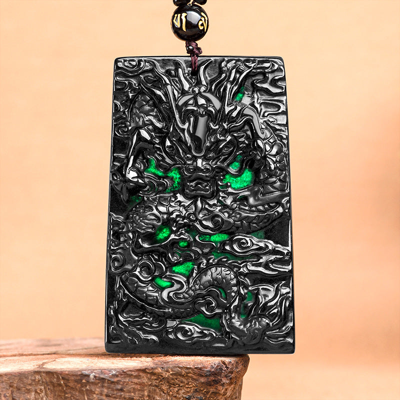 Natural A-Grade Black Jadeite Dragon King Zodiac Pendant